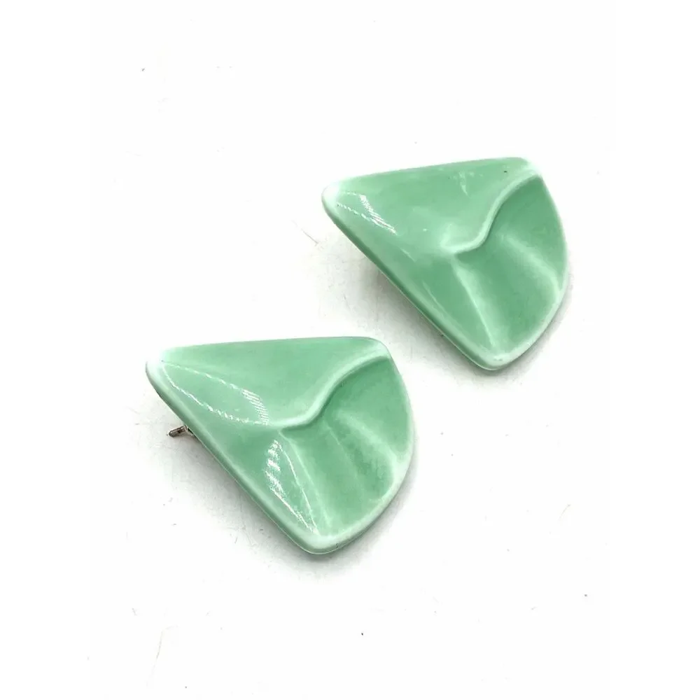 Vintage 1980s Mint Green Geometric Statement Earrings Oversized Pierced Mod